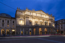 Facade of an opera house at dusk, La Scala, Milan, Lombardy, Italy by Panoramic Images
