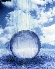 Water raining down on crystal sphere in churning water with clouds by Panoramic Images