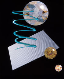 Three glass orbs, blue spiral, grey sheet on black background by Panoramic Images