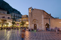 Town square lit up at dusk, Piazza IX Aprile, Taormina, Sicily, Italy by Panoramic Images