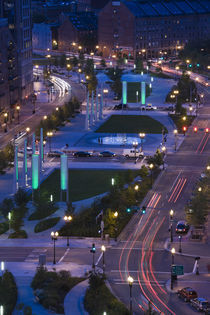 City lit up at dusk, Atlantic Avenue Greenway, Boston, Massachusetts, USA by Panoramic Images