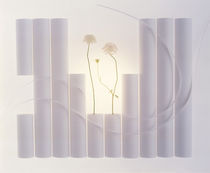Various sized white cylinders with two flowers and floating ribbons von Panoramic Images