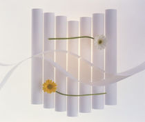 Vertical white cylinders behind horizontal floating daisies and ribbons by Panoramic Images