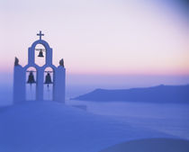 Bell tower of a church at sunset, Santorini, Greece by Panoramic Images