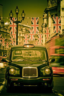 London. Regent Street. Taxi and Royal Wedding Flags. by Alan Copson