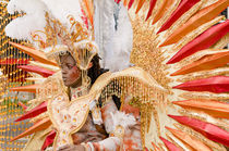 Woman in a red and Golden feathered costume in the Port of Spain carnival in Trinidad. by Tom Hanslien