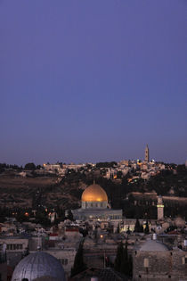 A view of the Old City of Jerusalem and the Dome of the Rock at night by Hanan Isachar