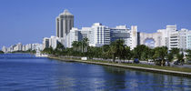 USA, Florida, Miami, Miami Beach, Panoramic view of waterfront and skyline