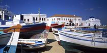 Rowboats on a harbor, Mykonos, Greece by Panoramic Images