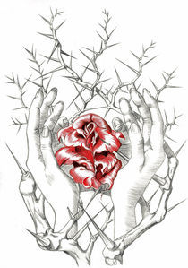 hand and rose thornbush by Nicole Schmidt