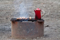  Steaming Sausages and Coffee On the Grill by Louise Heusinkveld