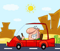 Happy Man Drives Sports Car In Front Western Landscape von hittoon