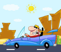 Rich Man Drives Convertible In Front Western Landscape by hittoon