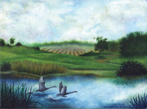 Geese in Flight Over Pond by Julie Ann Stricklin  by Julie Ann  Stricklin