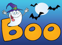 Ghost Wearing A Witch Hat In The Word BOO With Bats On Blue  by hittoon