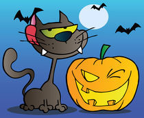 Black Cat And Winking Halloween Jackolantern Pumpkin With Bats On Blue  von hittoon
