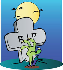 Green Zombie Hand Reaching Up From The Earth In Front Of A Tombstone  by hittoon
