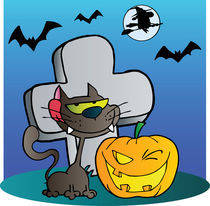 Black Cat And Halloween Jackolantern By A Tombstone  von hittoon
