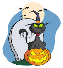 Halloween Cat on Pumpkin Near Tombstone And Bats A Full Moon  by hittoon