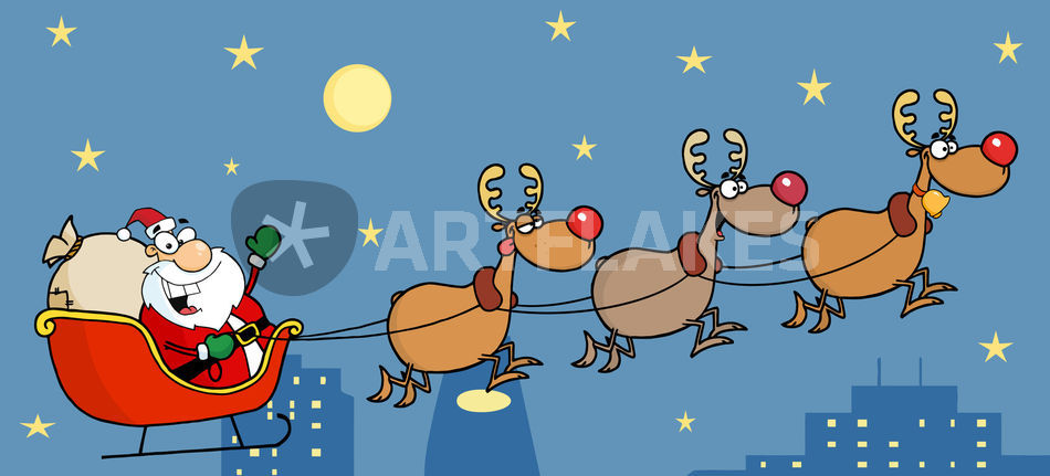 Christmas Santa Sleigh And Reindeer Drawing Art Prints And Posters By Hittoon Artflakes Com