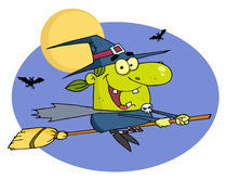 Wicked Halloween Witch Flying By Bats And A Full Moon On A Broom Stick 