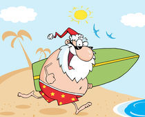 Santa Running On A Beach With A Surfboard 
