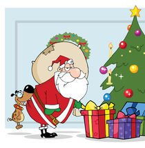 Dog Biting Santas Butt By A Christmas Tree Over Blue  von hittoon