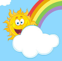 Happy Sun Mascot Cartoon Character Hiding Behind Cloud And Rainbow  by hittoon