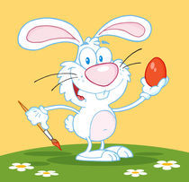 Cartoon Happy White Rabbit Painting Easter Egg 