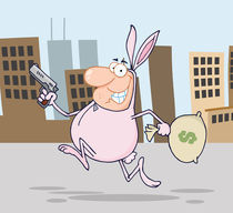 Happy Bandit Running With Easter Rabbit Costume In City  von hittoon