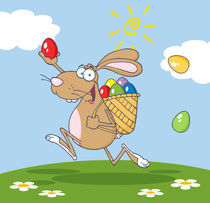 Happy Brown Easter Rabbit Running With A Basket And Egg Background 