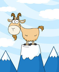 Goat Cartoon Character On Top Of A Mountain Peak  von hittoon