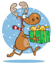Happy Reindeer Runs With Bag In Snow 