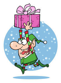Cartoon Santa's Elf Runs With Gift  by hittoon