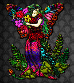 Butterfly-woman-holding-flowers-bird-in-plants