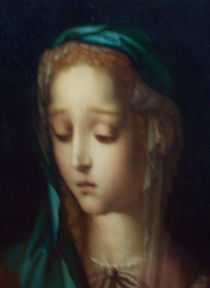 The head of Madonna. Detail of " Madonna with child by Spanish artist Morales. by Maks Erlikh