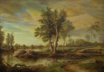 Dan Scurtu - Landscape with Pine Trees at Sunset von Dan Scurtu