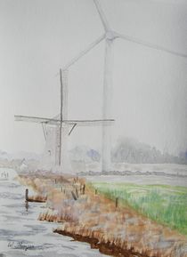 Foggy Windmill and Wind Turbine by Warren Thompson