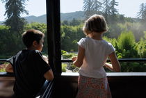 Girl (6-7) and boy (11-12) looking out of train window von Sami Sarkis Photography