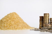 Rice and coins stacks side by side by Sami Sarkis Photography