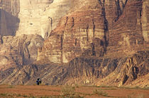 Person riding a motorbike through the desert alongside some cliffs by Sami Sarkis Photography