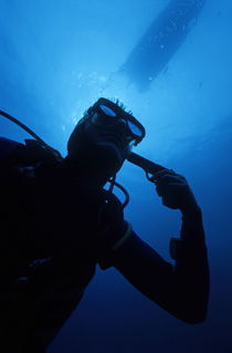 Diver holding gun to head by Sami Sarkis Photography