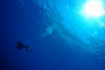 Scuba diver and sunlight in sea von Sami Sarkis Photography