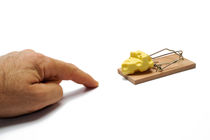 Man's hand about to catch cheese on mousetrap by Sami Sarkis Photography