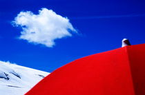 Bright red parasol contrasted against a white glacier by Sami Sarkis Photography