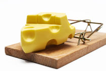 Piece of cheese in mouse trap by Sami Sarkis Photography