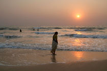 Woman in Sari at Sunset at Benaulim Beach by serenityphotography