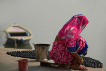 Woman in Pink Sari by Ganges by serenityphotography