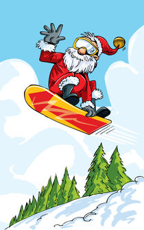 Santa Clause on a snowboard.