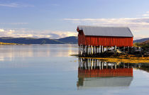 Norway - colorful boat house reflected in the calm fjord waters by Horia Bogdan